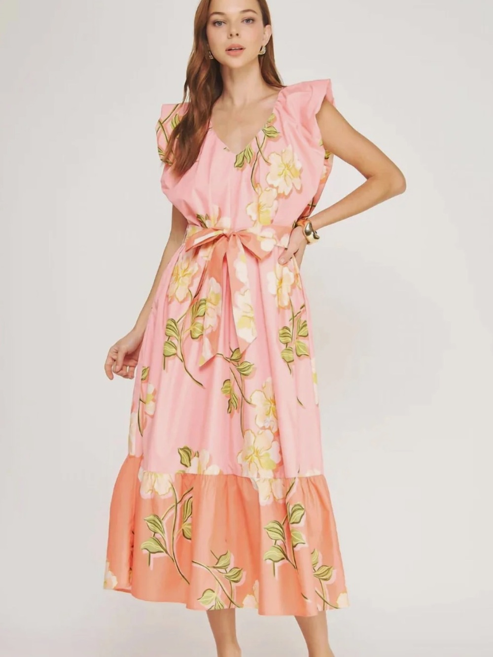Ruffle Tiered Midi Dress In Tropical Hibiscus